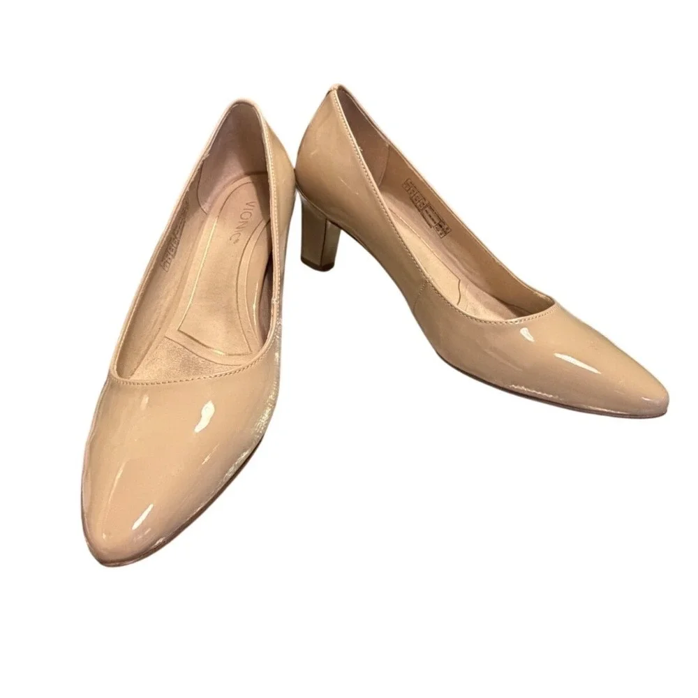 Vionic Mia Patent Nude Pump Orthotic Comfort Block Heel Pointed Toe 7 NWOT